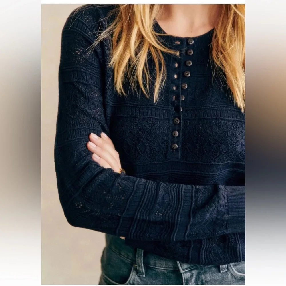 Sezane Lyna Jumper Knit Henley, in Navy - Picture 4 of 12